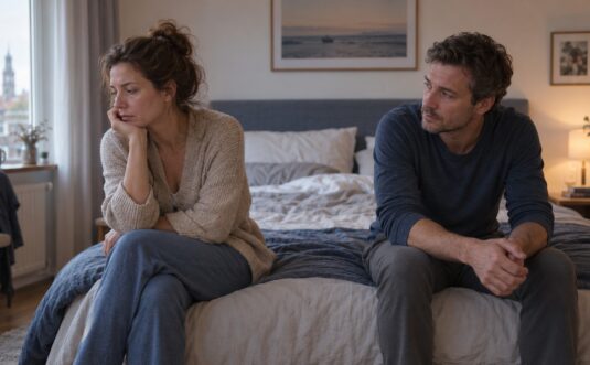 Man en vrouw zitten met afstand van elkaar op bed en ervaren weinig intimiteit binnen hun relatie