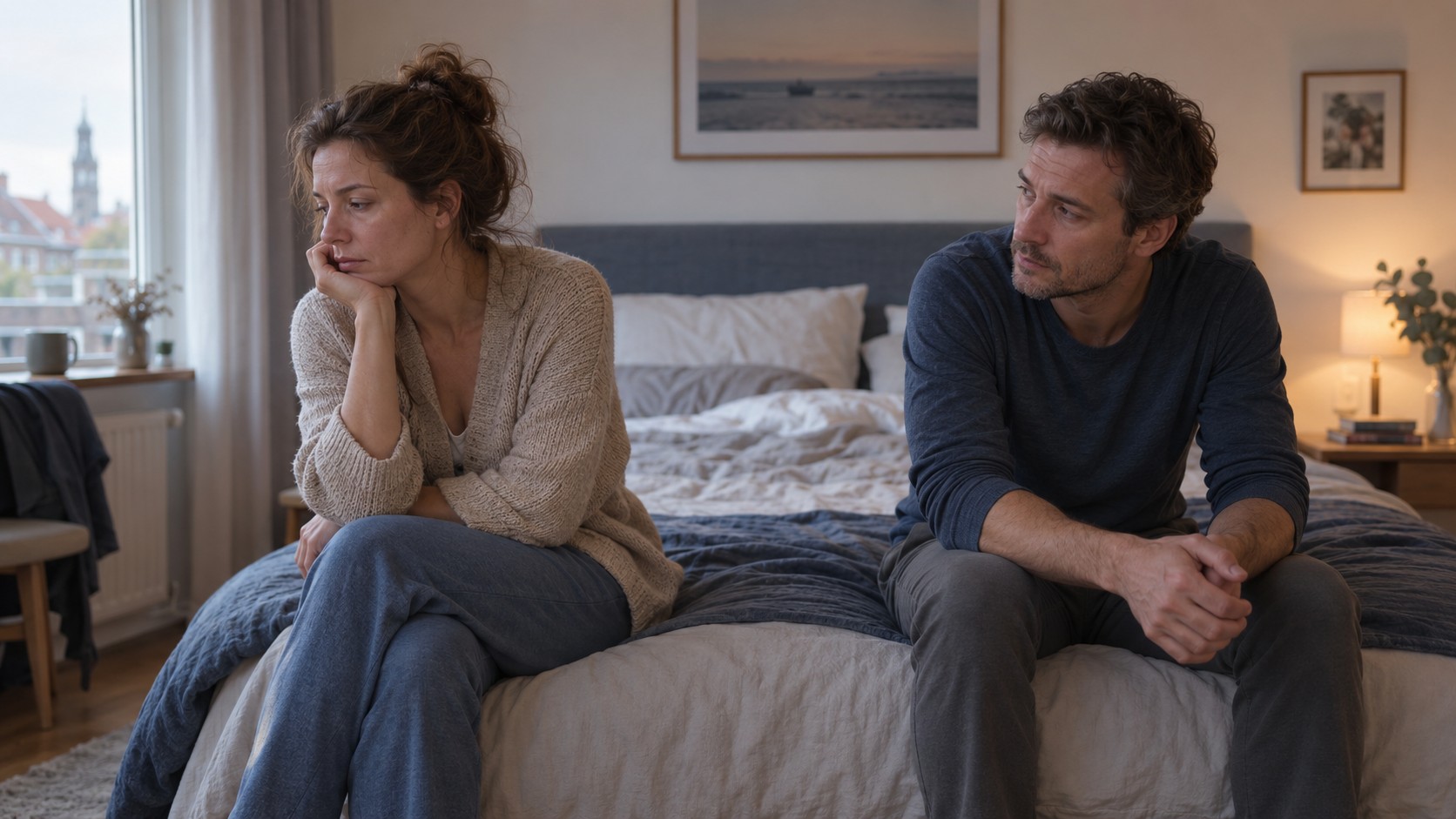 Man en vrouw zitten met afstand van elkaar op bed en ervaren weinig intimiteit binnen hun relatie